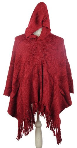 Burgundy poncho with hood, lightweight and cozy, perfect for layering and stylish protection from the elements.
