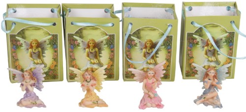 Fairy Holding Crystal Ornament Set of 24, featuring colorful fairies with crystals in individual gift bags for enchanting decor.