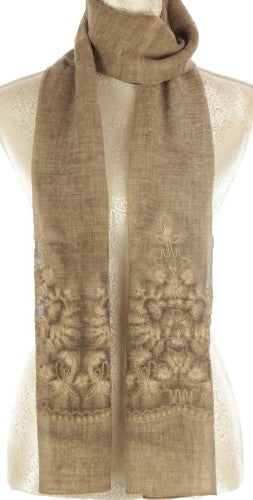 Stonewash Mushroom scarf with intricate embroidery, measuring 40x200cm, perfect for stylish layering and year-round wear.