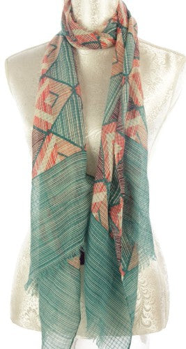 Colorful Multi Pattern Scarf measuring 180x43 cm, soft 100% polyester, versatile for styling as a wrap or accessory.