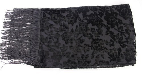 Black floral burnout scarf measuring 160 x 25 cm with 15 cm fringe, perfect for adding elegance to any outfit.