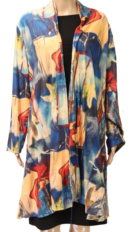 Medium coat cape with abstract leaves design, perfect for layering, offering elegance, warmth, and a flattering fit.
