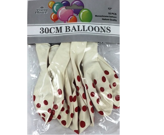 White 30cm balloons with polka dots, perfect for parties and events, offering durability and a whimsical decor touch.