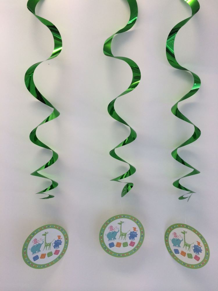 Baby Shower Swirl Decorations featuring animal cracker designs, extending 70cm for a whimsical, reusable celebration setup.