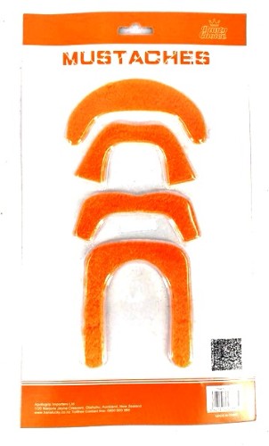 Large orange party moustaches set of 4, perfect for fun celebrations and photo booths, suitable for all ages.