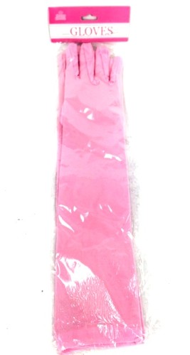 Long pink party gloves, 40cm long, adding elegance and flair to outfits for themed parties and formal events.
