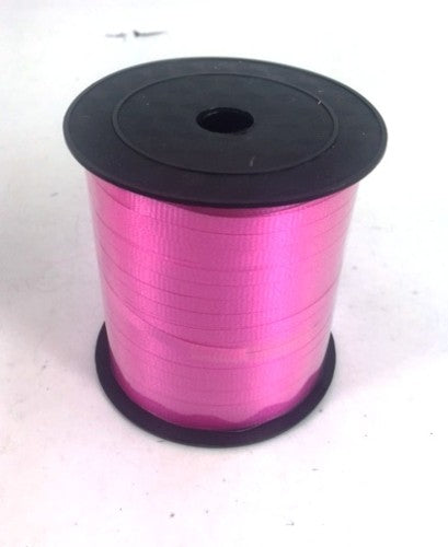 Bright hot pink curling ribbon roll, 5mm wide and 225cm long, perfect for gift wrapping and crafting.