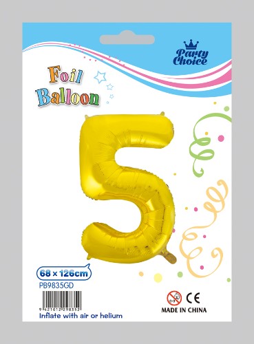 Gold Number 5 Foil Balloon, perfect for celebrations, durable, eye-catching centerpiece for any event.