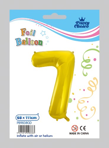 Gold foil balloon shaped like the number 7, perfect for birthdays and celebrations, durable and easy to inflate.