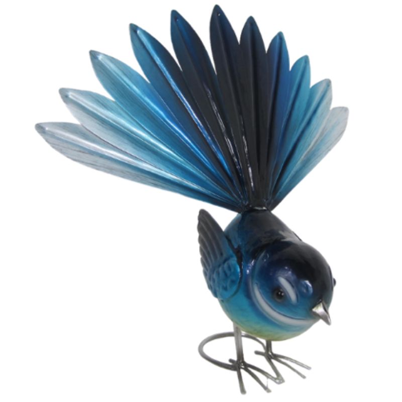 Vibrant blue metal fantail ornament (28cm), perfect for adding charm to indoor or outdoor decor, ideal gift for any occasion.