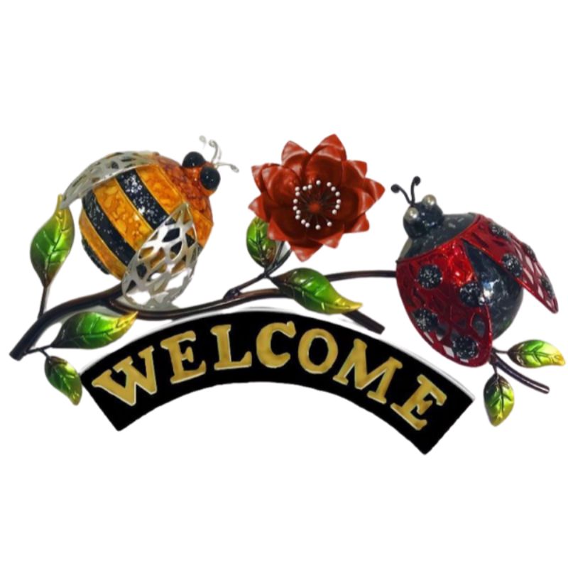 Welcome sign featuring a vibrant bee and ladybird design, perfect for adding a cheerful touch to any entryway or garden.