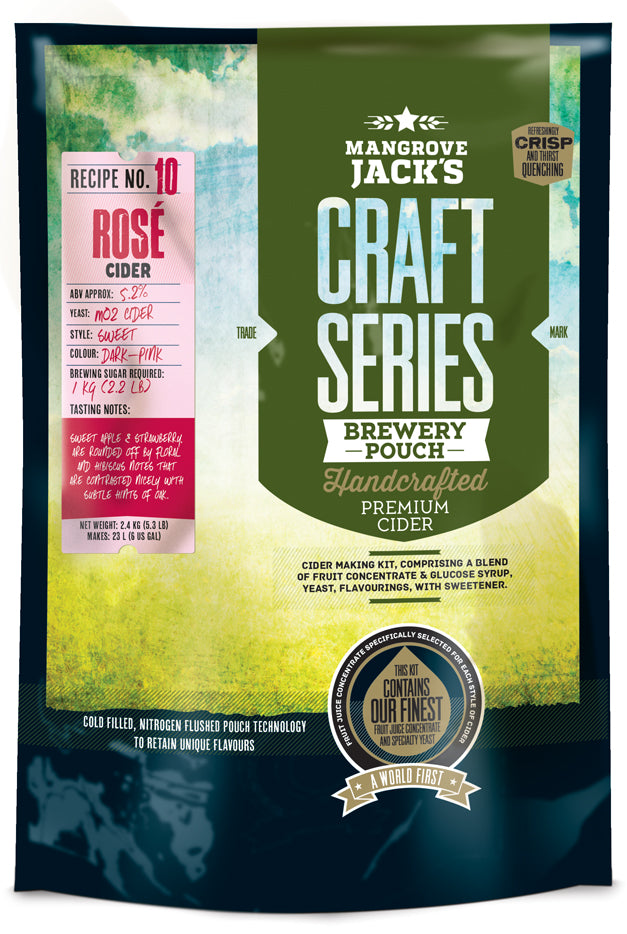Mangrove Jacks Craft Series Rose Cider kit, 2.4kg, featuring sweet apple and strawberry flavors with floral notes.