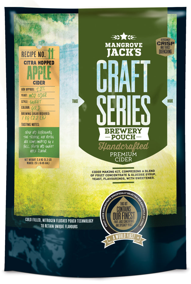 Mangrove Jack's CS Dry Hopped Apple Cider Kit 2.4kg for brewing refreshing, fruity cider with tropical hop notes at home.