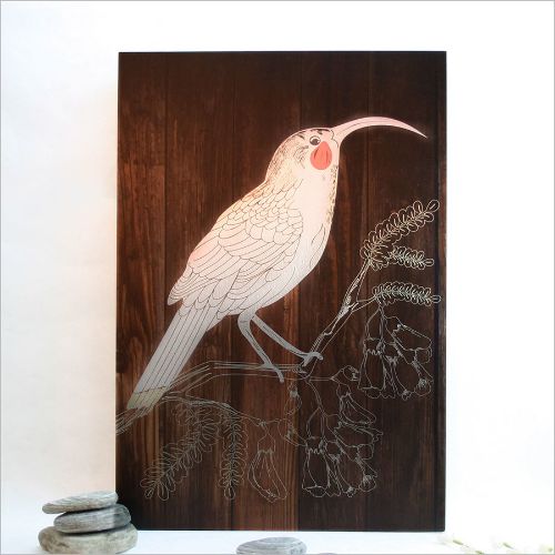 Kiwiana Wall Art featuring a Dark Wood Huia bird, crafted from durable brushed silver ACM, perfect for modern decor.