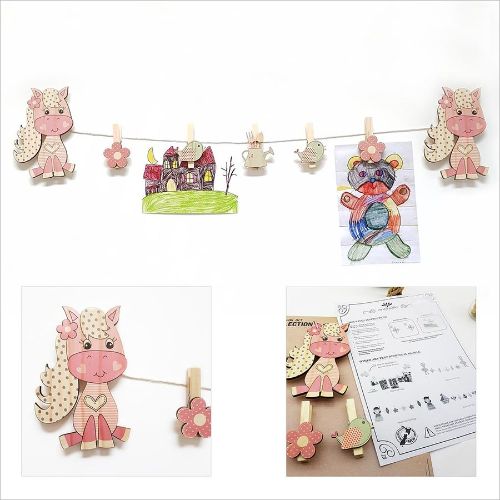 Art Pegs: Pony features eco-friendly pine veneer pegs for displaying kids' artwork and photos in a playful gallery setup.