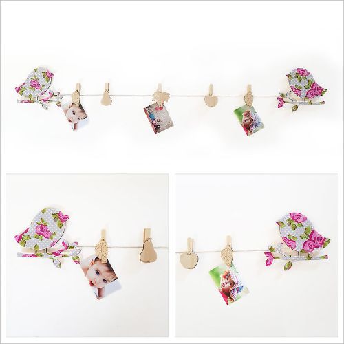 Colorful bird-shaped pegs for hanging children's artwork and photos, measuring 150mm x 135mm, perfect for kids' rooms.