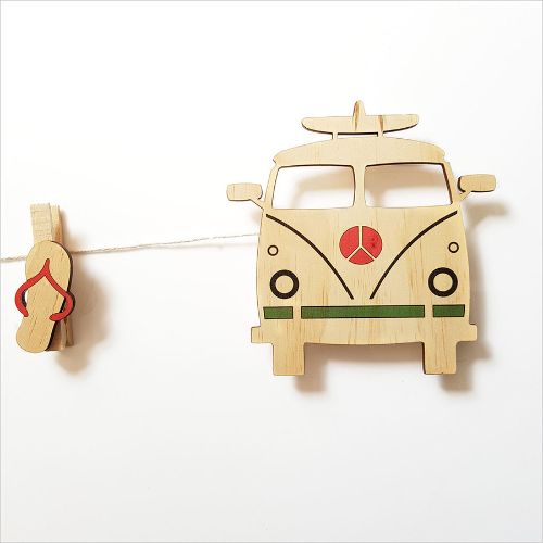 Surfer van art pegs for hanging photos and drawings, adding coastal charm to any room with a fun design and sturdy string.