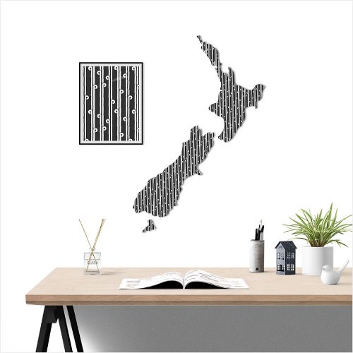 Kiwiana wall art featuring a large NZ map with a black and white koru pattern, perfect for home or office decor.