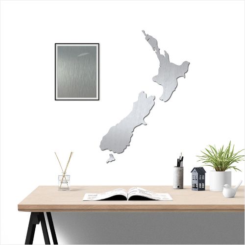 Kiwiana Wall Art featuring a large brushed silver NZ map, intricately cut from durable Aluminium Composite for contemporary decor.