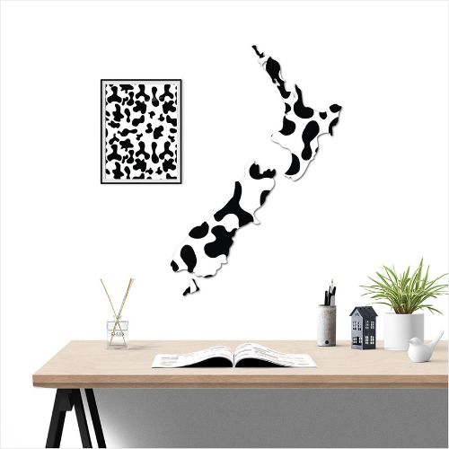 Kiwiana wall art featuring a large NZ map in a stylish cow skin pattern, crafted from durable Aluminium Composite Material.