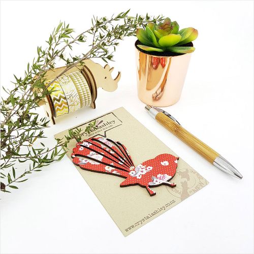Vibrant red floral wall art featuring a graceful fantail bird, crafted from 3mm MDF for modern decor.