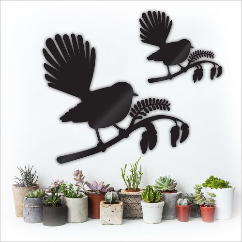 Kiwiana wall art featuring a Fantail perched on Kowhai, crafted from durable aluminum composite, ideal for indoor and outdoor display.