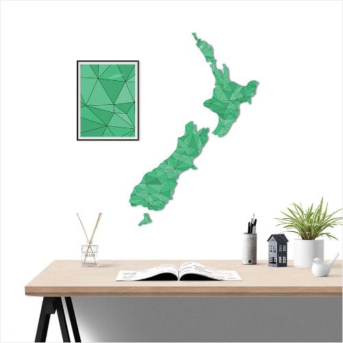 Kiwiana Wall Art featuring a large green geometric NZ map, crafted from durable Aluminium Composite Material, ready to hang.