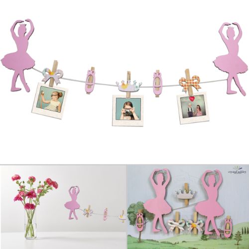 Ballerina Art Pegs in pink MDF, featuring ballerinas with slippers, crowns, and bows for displaying kids' artwork and photos.