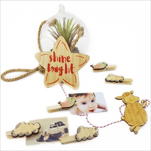 Charming eco-friendly art pegs featuring a sheep and star, perfect for displaying children's artwork or photos.