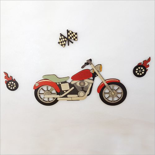 Colorful pine wall art set featuring motorbikes, perfect for kids' rooms to inspire adventure and creativity.