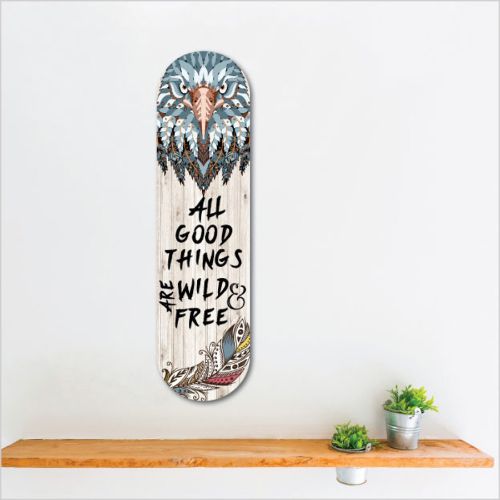 Vibrant 'Wild & Free' skateboard wall art made of durable ACM, perfect for expressing your passion for skateboarding.