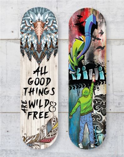 Skateboard wall art titled 'Wild & Free', vibrant, lightweight ACM design perfect for indoor/outdoor decor.