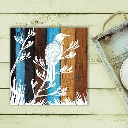 Kiwiana wall art featuring a Tui bird on 18mm plywood, ready to hang, perfect for New Zealand nature enthusiasts.