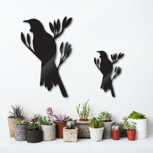 Kiwiana Wall Art featuring a vibrant Tui perched on flax, crafted from durable Aluminium Composite for indoor or outdoor use.