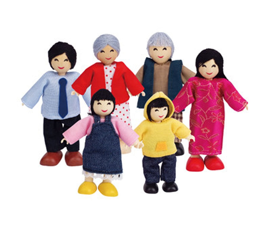 Wooden Hape Asian Family dolls set with 6 figures, jointed limbs, and removable clothing, perfect for imaginative play.