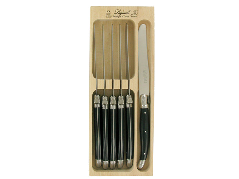 Set of 6 black table knives with stainless steel blades and vibrant resin handles, featuring the Laguiole bee emblem.