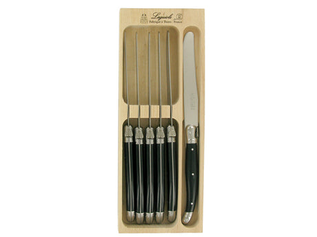 Set of 6 black table knives with stainless steel blades and vibrant resin handles, featuring the Laguiole bee emblem.