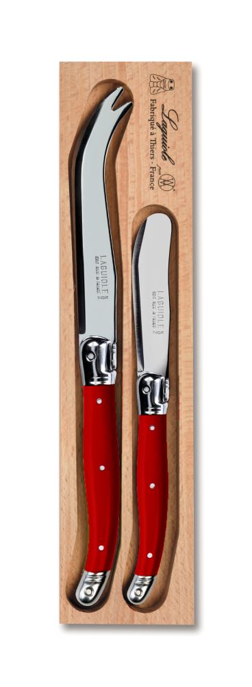 Two-piece cheese set featuring vibrant red resin handles and stainless steel blades, showcasing the Laguiole bee emblem.