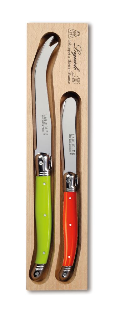 Two piece cheese set in green and orange with stainless steel blades and colorful resin handles featuring the Laguiole Bee.