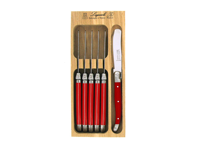 Set of 6 bright red Andre Verdier Laguiole spreaders with stainless steel blades and resin handles, featuring the Laguiole Bee.