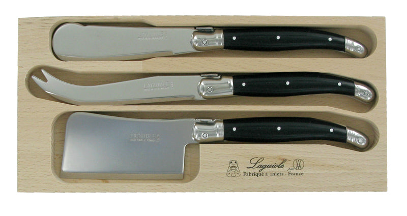 Elegant black Laguiole cheese set with spreader, featuring stainless steel blades and stylish resin handles, ideal for entertaining.