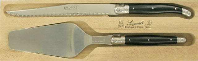 Elegant black cake server set with serrated knife and flat server, perfect for precise cutting and serving of desserts.