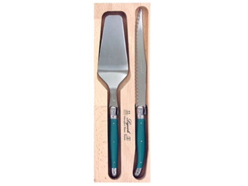 Teal Verdier Cake Server Set featuring stainless steel blades and resin handles, marked with the Laguiole Bee for elegance.