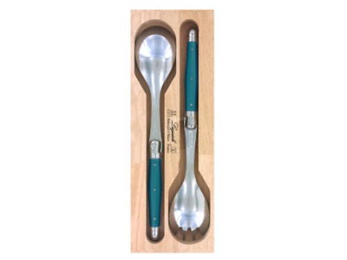 Teal Verdier salad servers with stainless steel heads and resin handles, featuring the Laguiole Bee, packaged in a wooden gift tray.