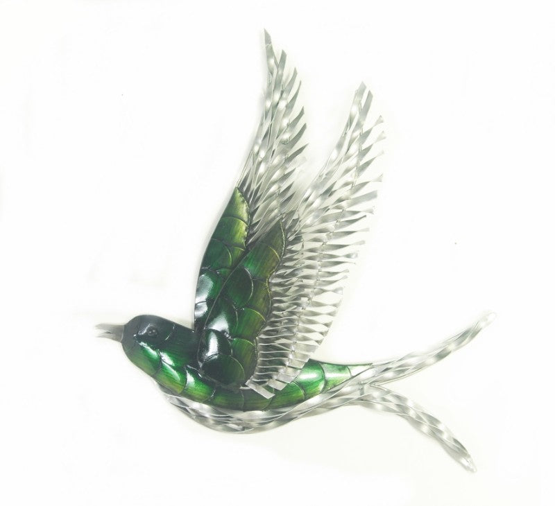 Vibrant green metal Swallow wall hanging, 39x39cm, elevating decor with elegance and modern flair. Perfect for any space.
