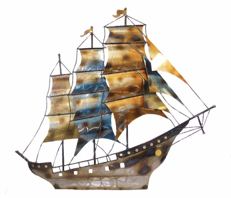 Metal wall art of a historic sailing ship, measuring 94 x 65 x 11cm, showcasing intricate details and nautical charm.