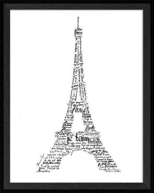 Framed art of the Eiffel Tower, 38 x 48 cm, blending classic calligraphy with modern elegance for a romantic ambiance.