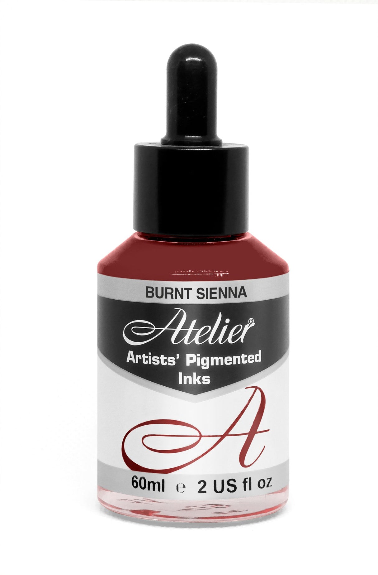 60ml glass bottle of ATELIER INK Burnt Sienna, a fluid, lightfast acrylic ink ideal for artists and calligraphers.