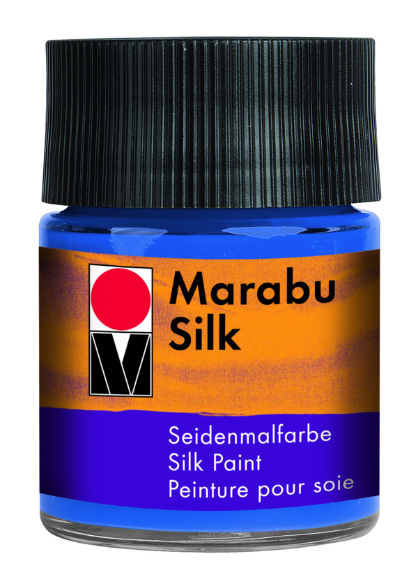 Vibrant 50ml Marabu-Silk paint in medium blue, ideal for permanent designs on light-colored fabrics.