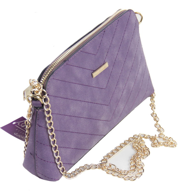 Stylish purple clutch bag made of 100% imitation leather, perfect for any occasion and holding essentials comfortably.